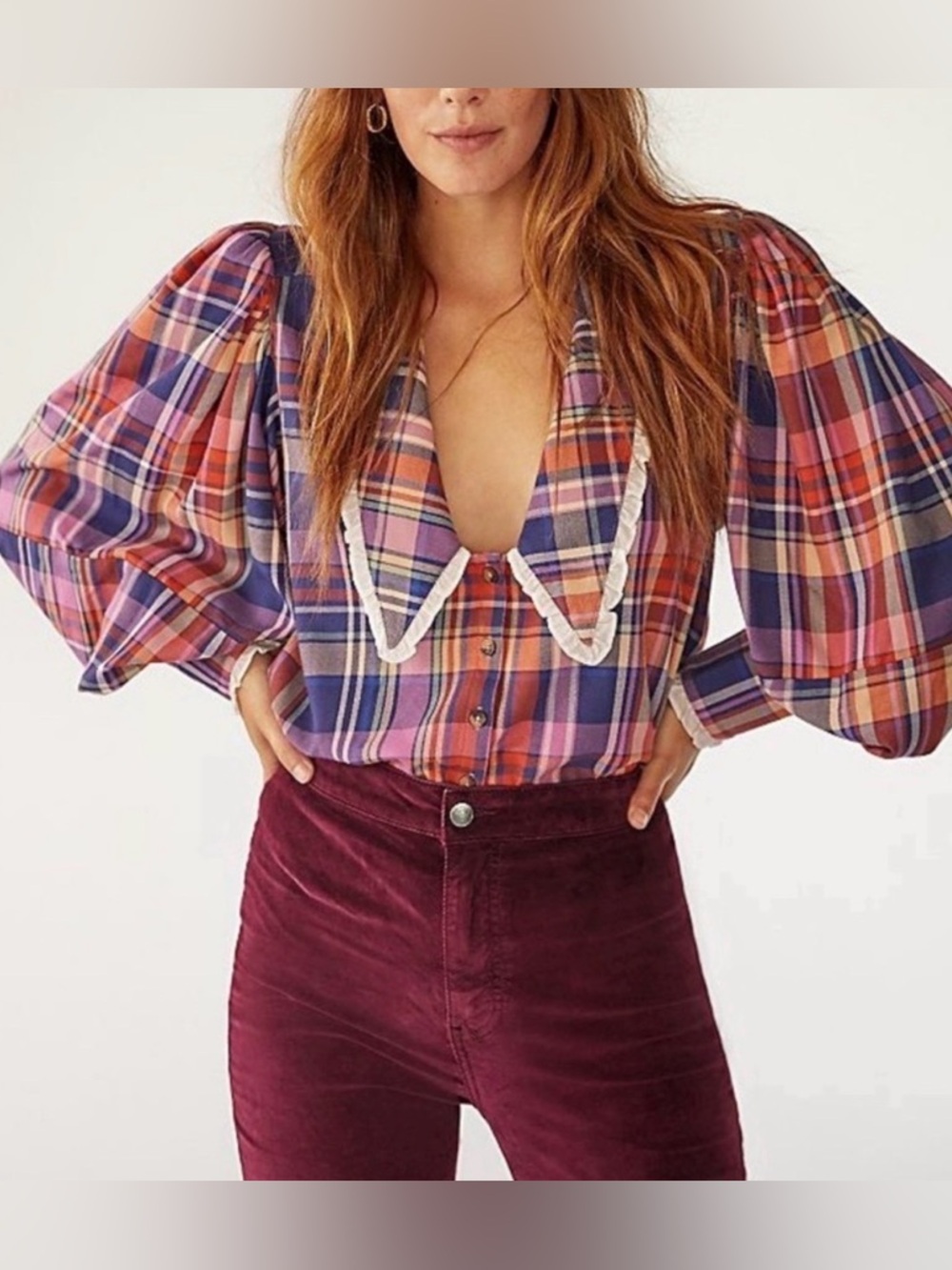 Free People Long Sleeve Colorful Plaid Blouse with Ruffle Collar